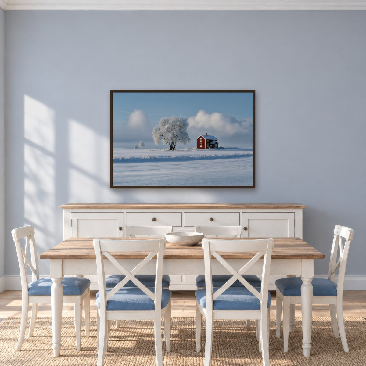 Red Farmhouse and Frosted Tree in Snow scandinavian wall art in a dining room