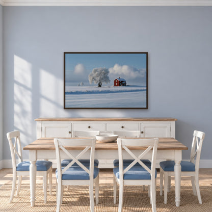 Red Farmhouse and Frosted Tree in Snow scandinavian wall art in a dining room