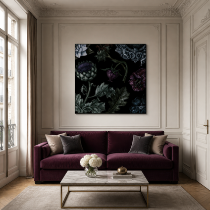 Dark Botanical Still Life wall art print staged in a room