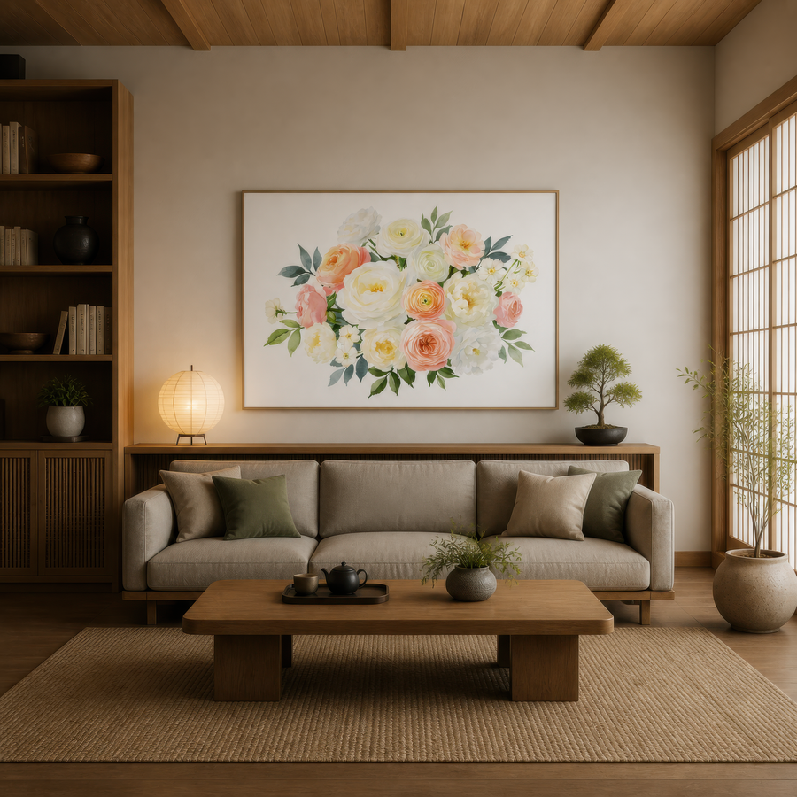 Cream and Peach Rose Bouquet – Watercolor Floral Wall Art