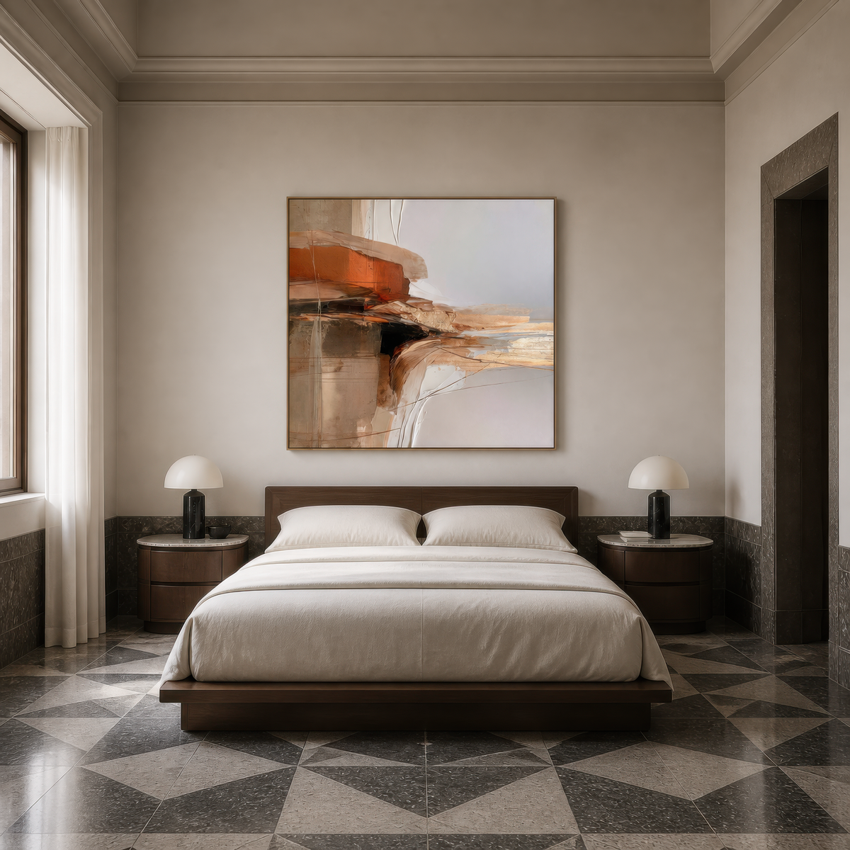 Square ochre and rust abstract artwork above a low platform bed on a patterned tile floor
