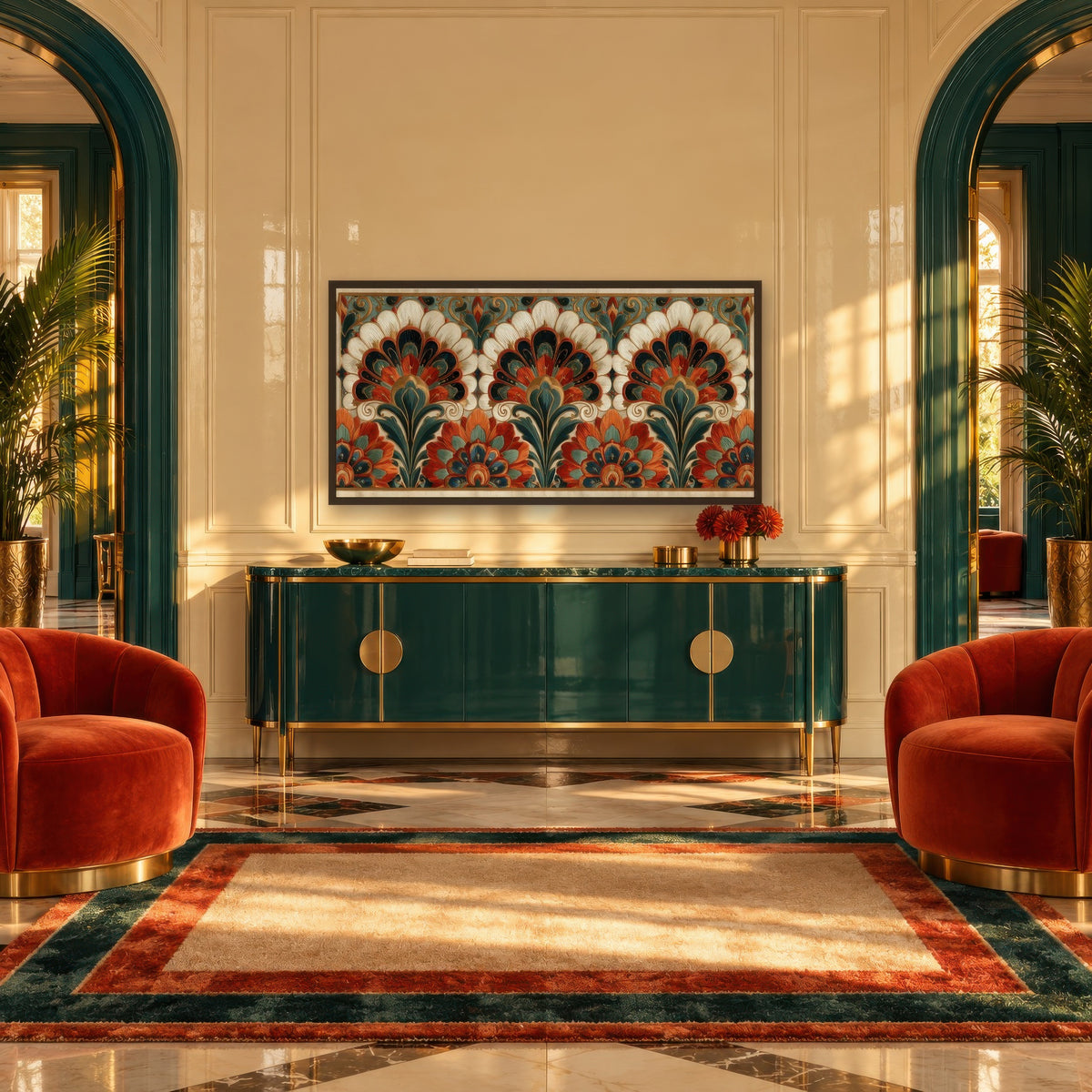 Rust & Teal Fan Motif art deco wall art in an entryway