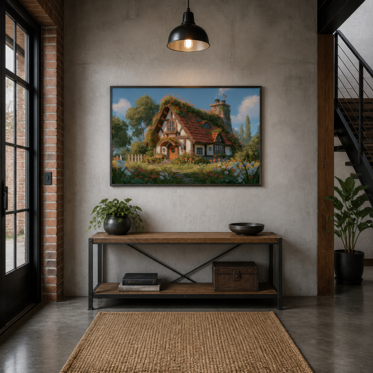 Red tile roof cottage above a black iron console in an entryway with a jute rug and pendant light