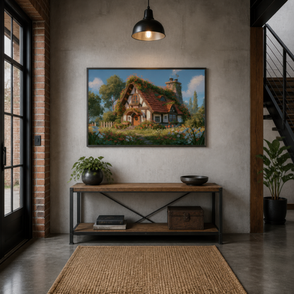 Red tile roof cottage above a black iron console in an entryway with a jute rug and pendant light