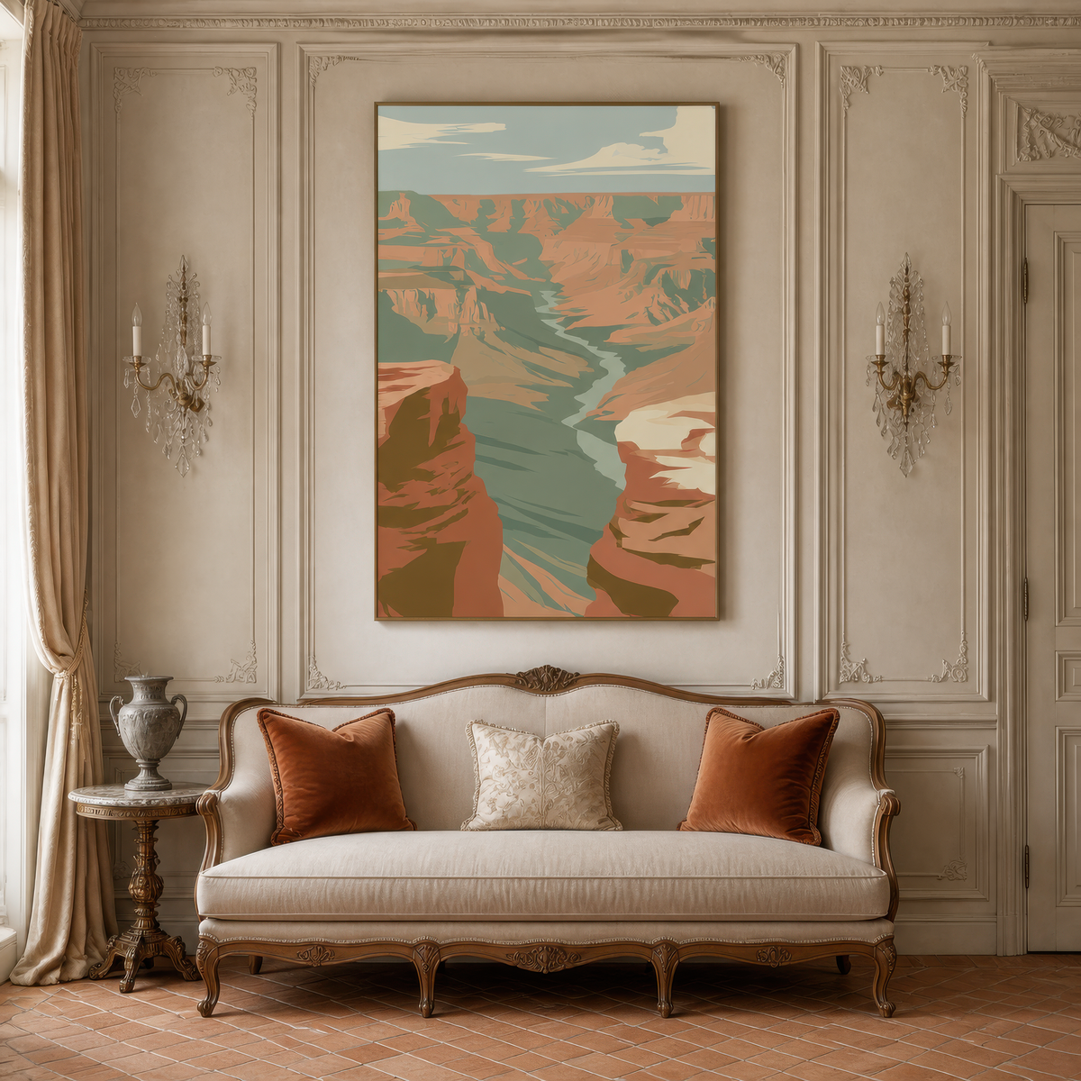 Narrow gorge and teal river above a cream settee on a panelled wall with two sconces