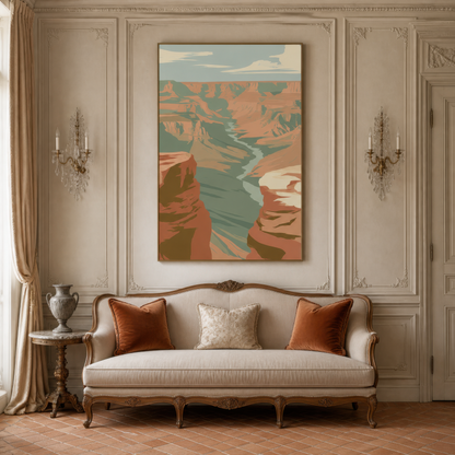 Narrow gorge and teal river above a cream settee on a panelled wall with two sconces