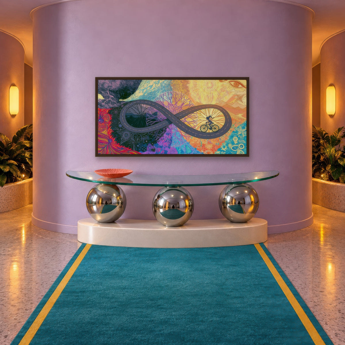 Solo Ride to Gold psychedelic wall art in an entryway