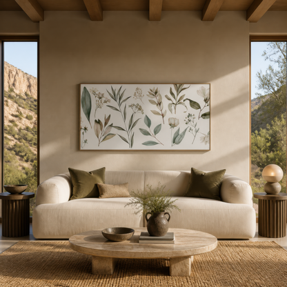 Dried Olive and Tan Leaf Sprigs wall art print, alternate room view