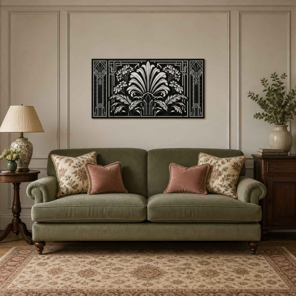 Deco foliage panel above an olive green sofa with pink pillows and a wooden cabinet