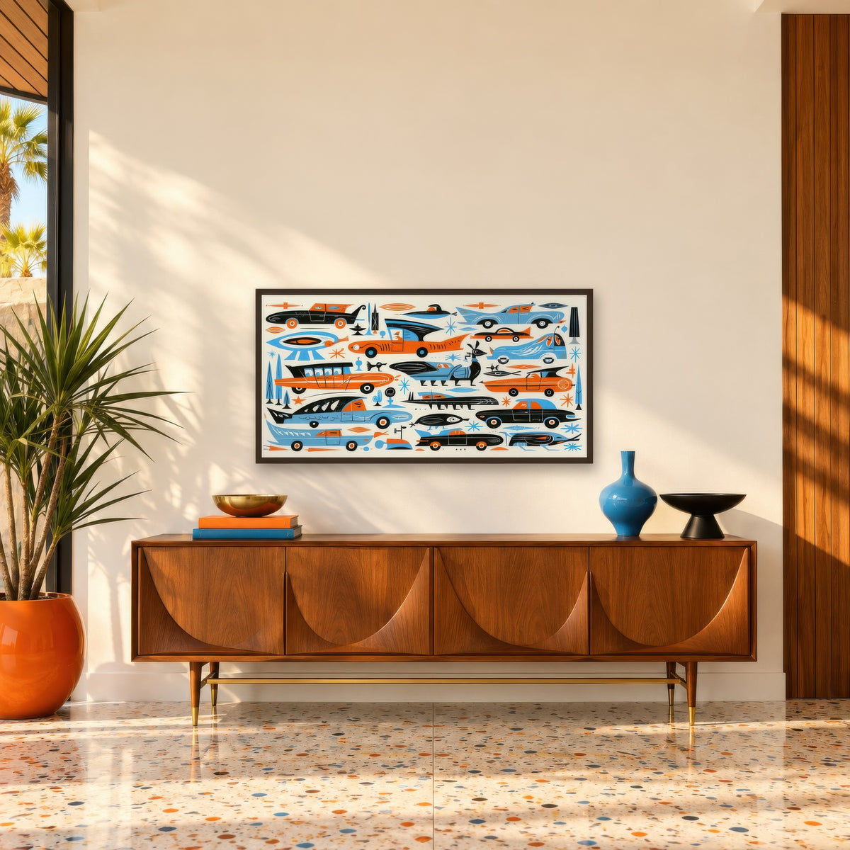 Retro Space Age Cars Pattern mid-century modern wall art in an entryway