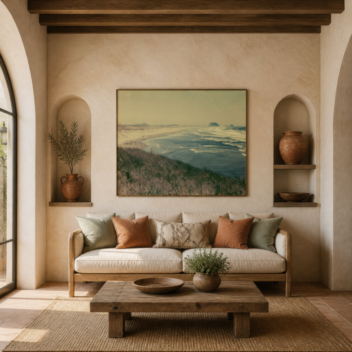 Vintage sea stack coastline above a cream sofa between two plaster arches with a low table