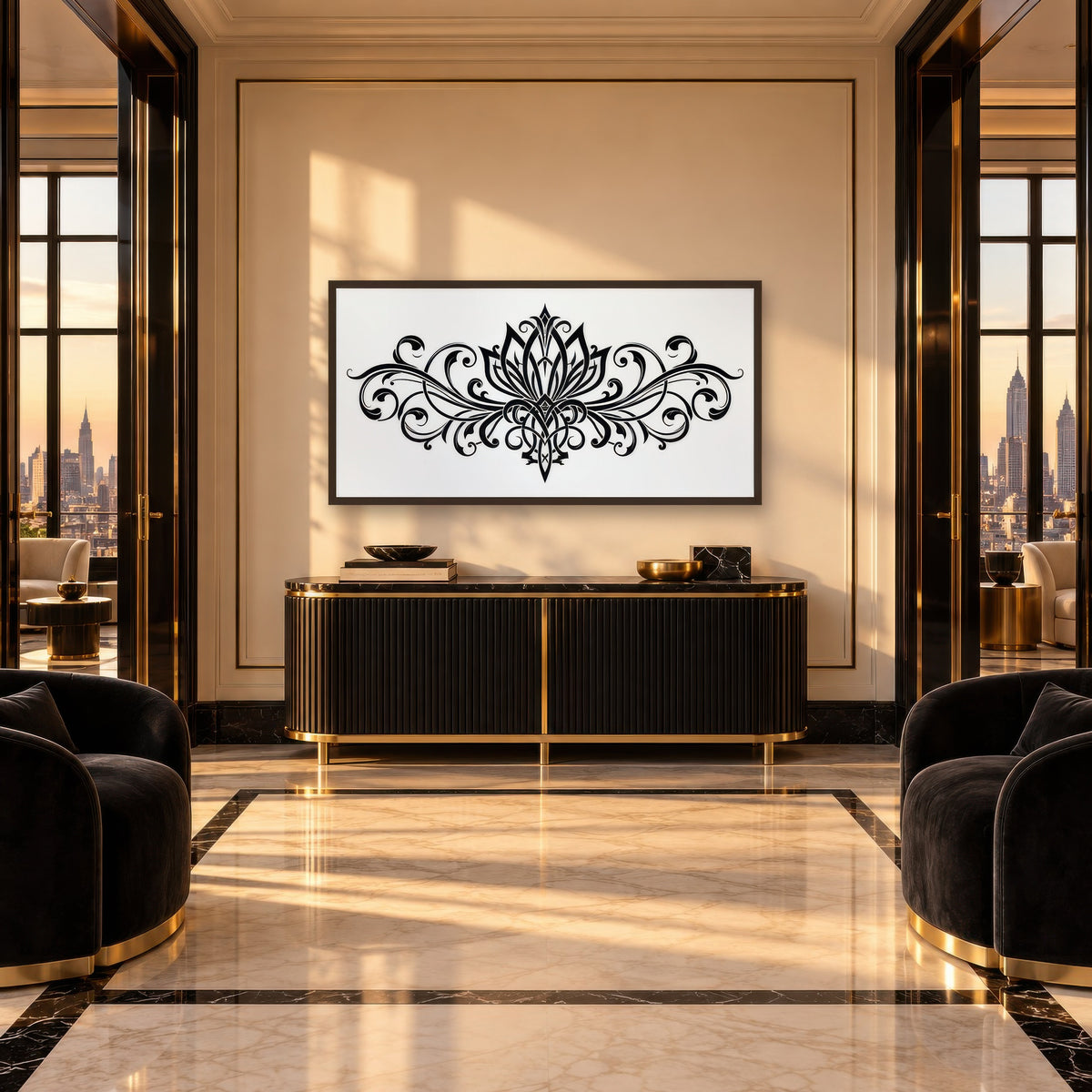Black Lotus Scrollwork art deco wall art in an entryway