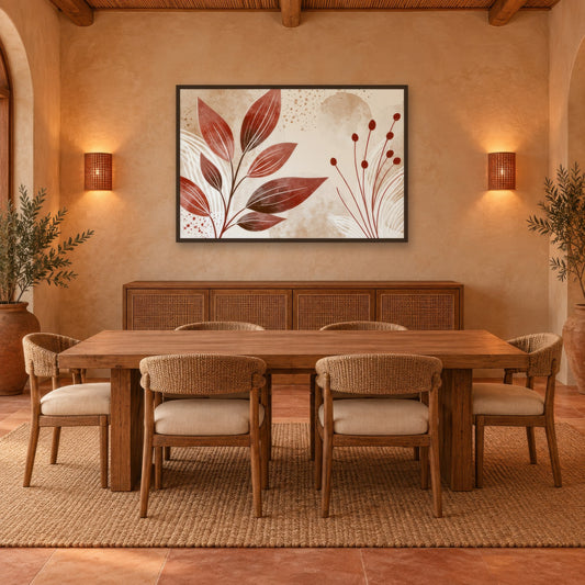Terracotta Leaves and Berries boho wall art in a dining room