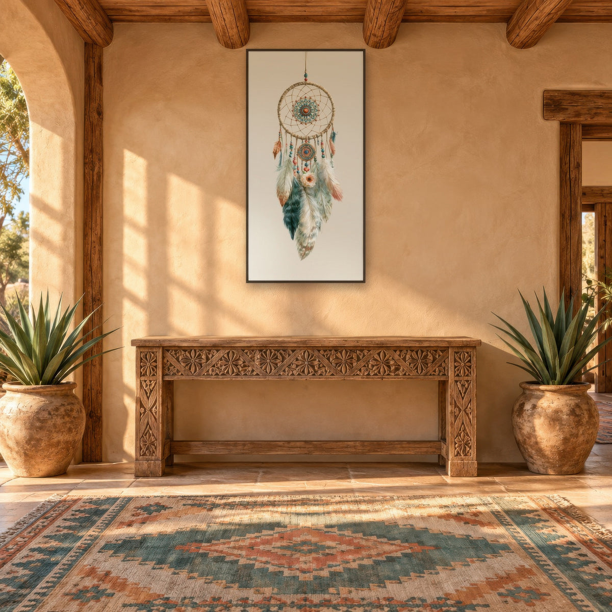 Dreamcatcher in Teal and Clay boho wall art in an entryway