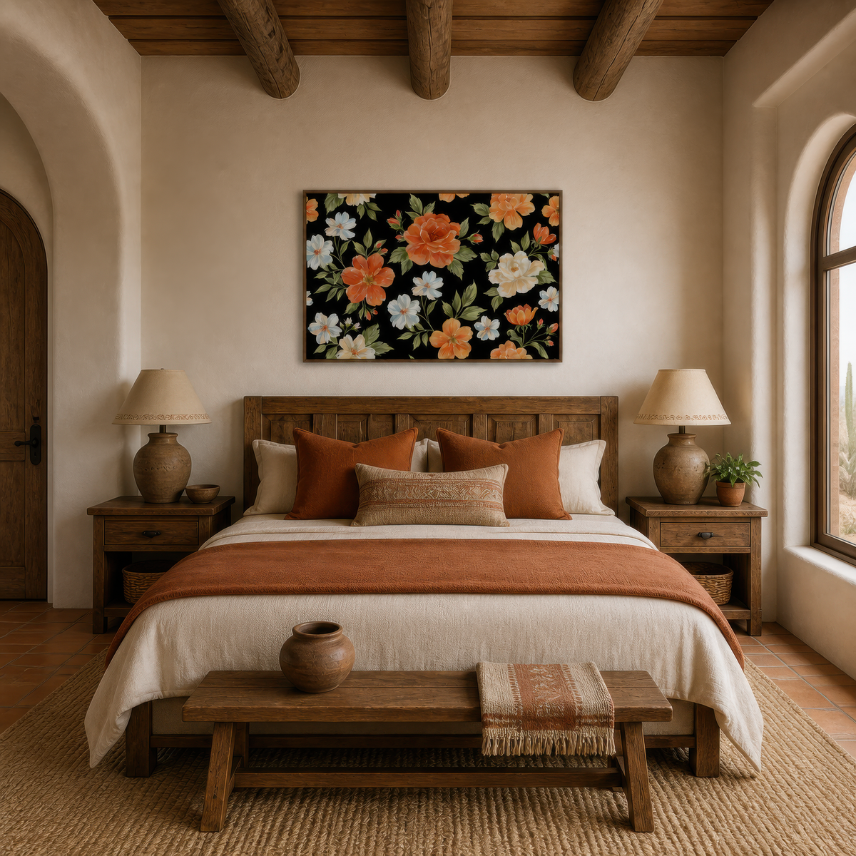 Orange Floral Pattern on Black wall art print, alternate room view