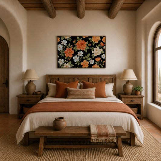 Orange Floral Pattern on Black wall art print, alternate room view