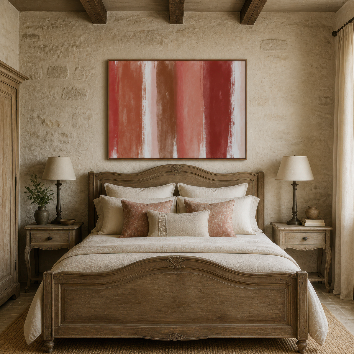 Terracotta brush stripe artwork above a carved wood bed with cream bedding and two lamps