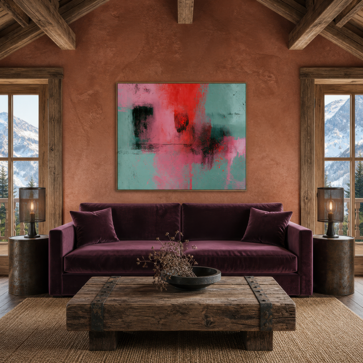 Large pink and mint green abstract artwork above a plum velvet sofa on a terracotta wall