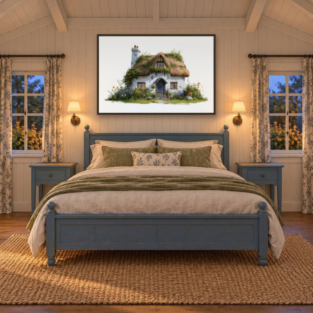 Mossy Thatched Cottage cottagecore wall art in a bedroom