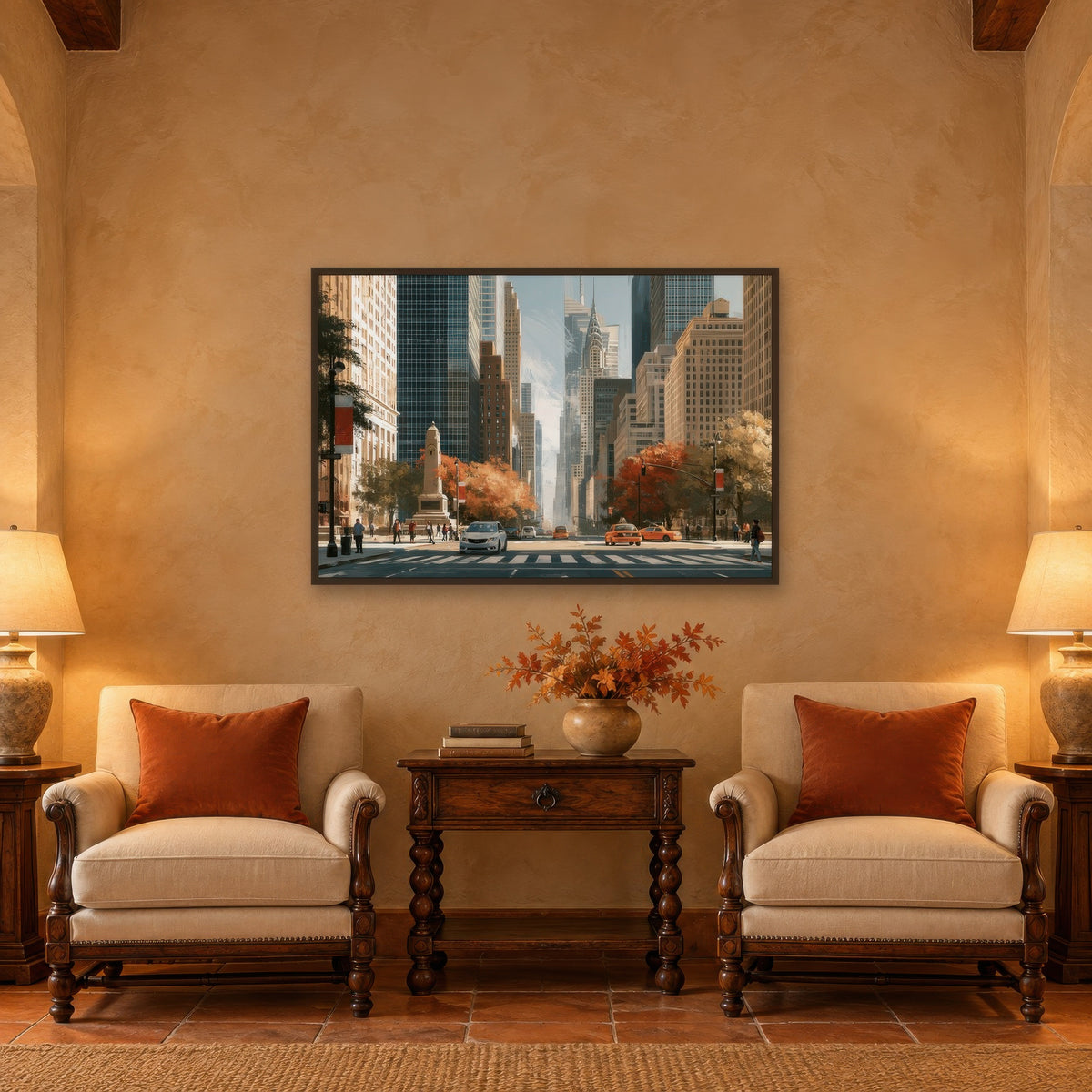 Manhattan Street in Autumn impressionist wall art in a den