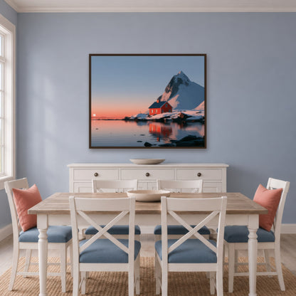 Fjord Cabin at Sunrise scandinavian wall art in a dining room