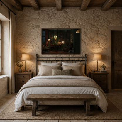 Lamplit green library above a black iron bed with cream bedding on a rough stone wall