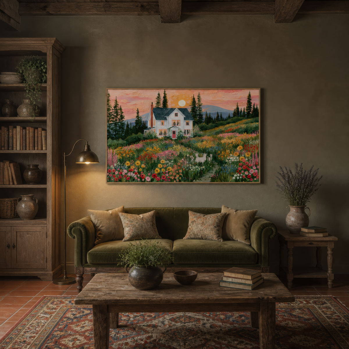 Farmhouse at sunset above an olive velvet sofa on a taupe wall with wooden shelving