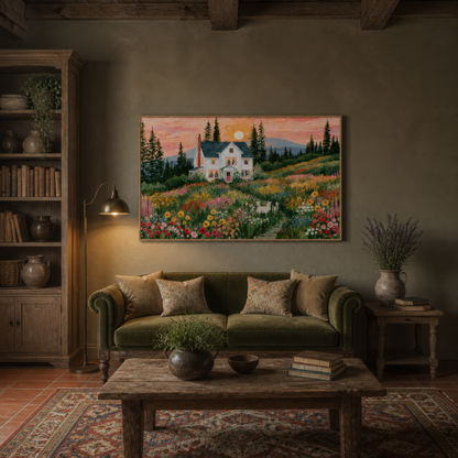 Farmhouse at sunset above an olive velvet sofa on a taupe wall with wooden shelving