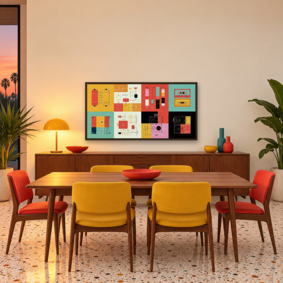 Retro Gadgets Grid Illustration mid-century modern wall art in a dining room