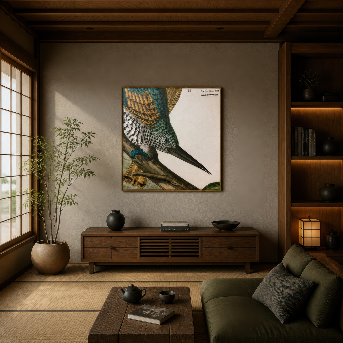 Antique Kingfisher Illustration wall art print, alternate room view