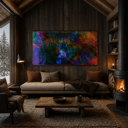 Blue Cat in Color Haze psychedelic wall art in a cabin living room