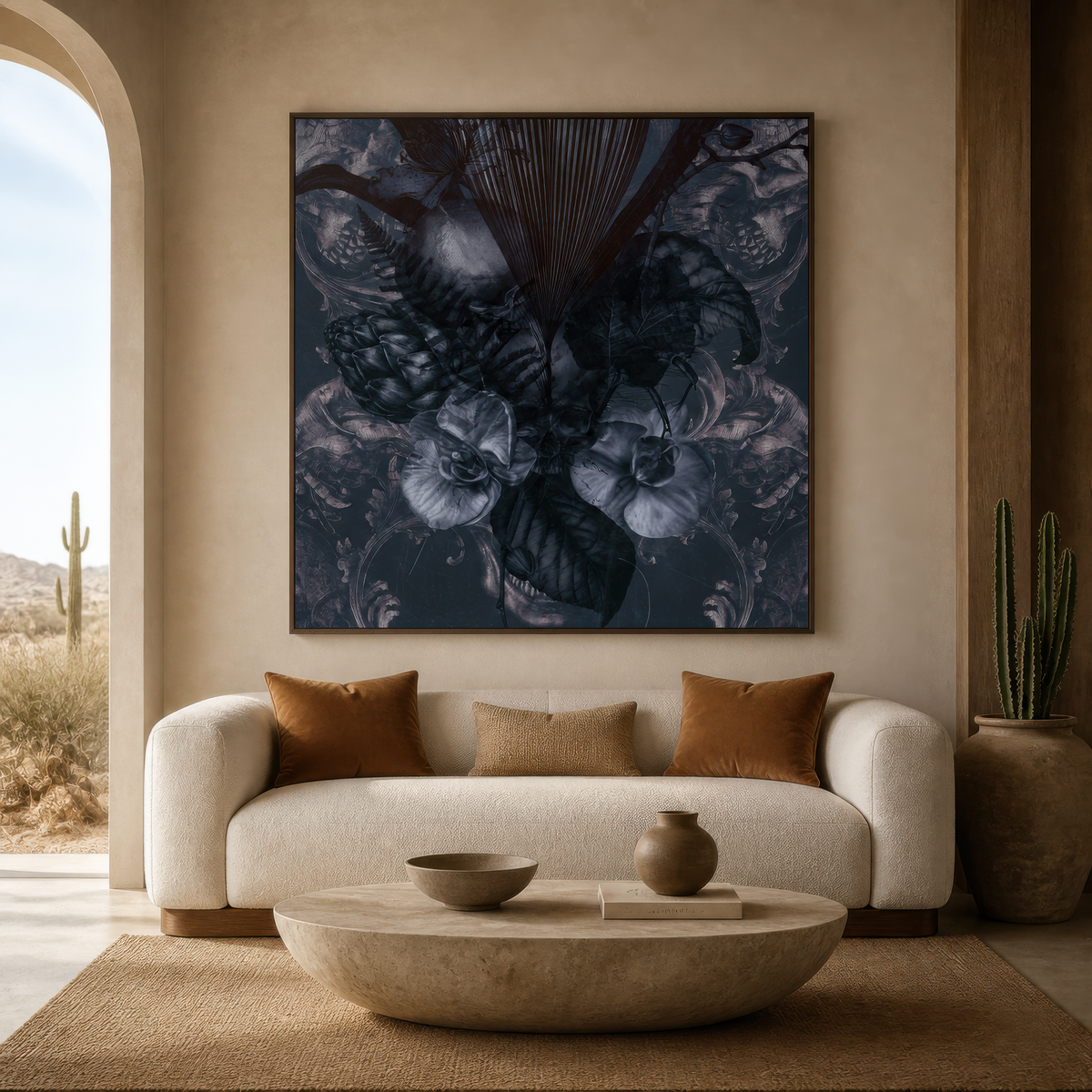 Dark Monochrome Botanical Illustration wall art print staged in a room