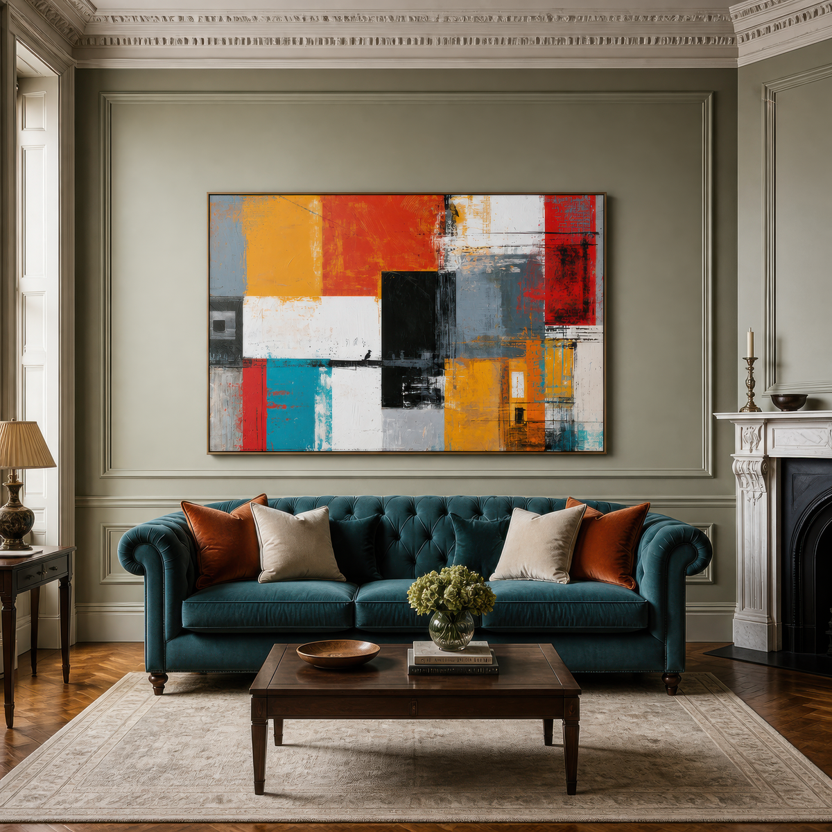 Large colorful orange, red and teal abstract artwork above a teal tufted sofa on a sage paneled wall