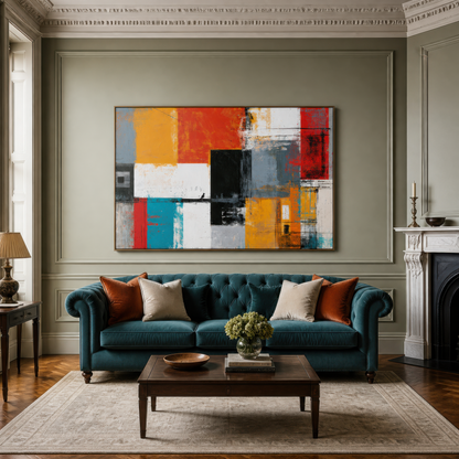 Large colorful orange, red and teal abstract artwork above a teal tufted sofa on a sage paneled wall