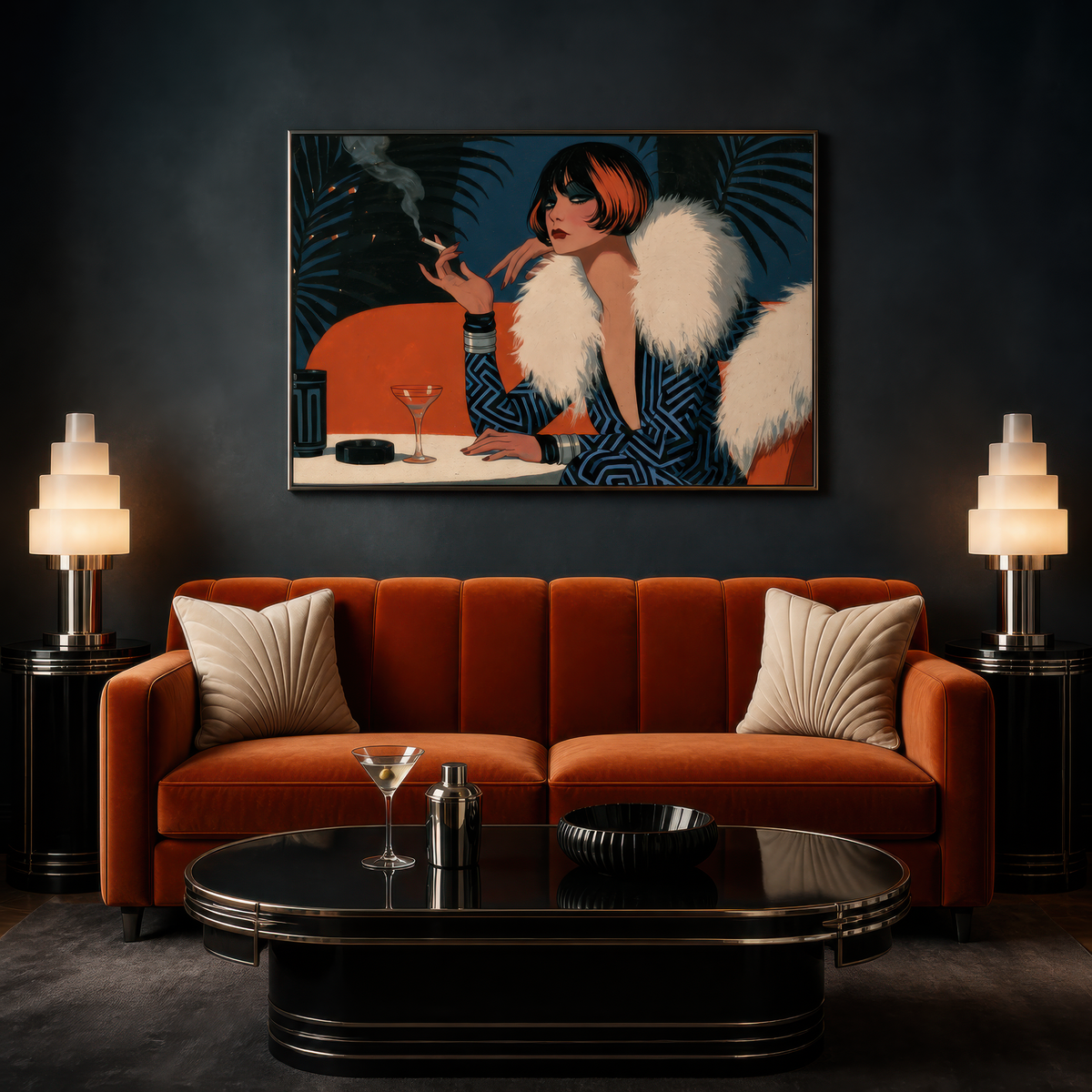 Smoking flapper portrait above a rust velvet sofa on a near black wall with alabaster lamps