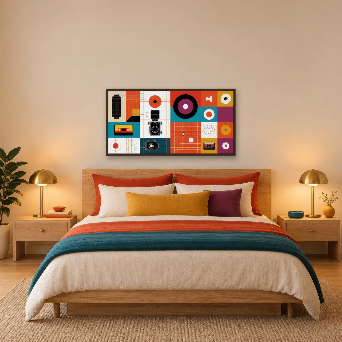 Vintage Gadgets and Circles Illustration mid-century modern wall art in a bedroom