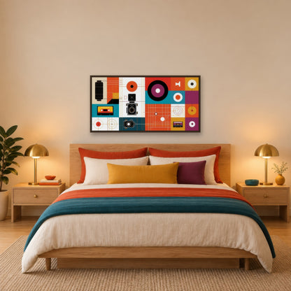 Vintage Gadgets and Circles Illustration mid-century modern wall art in a bedroom