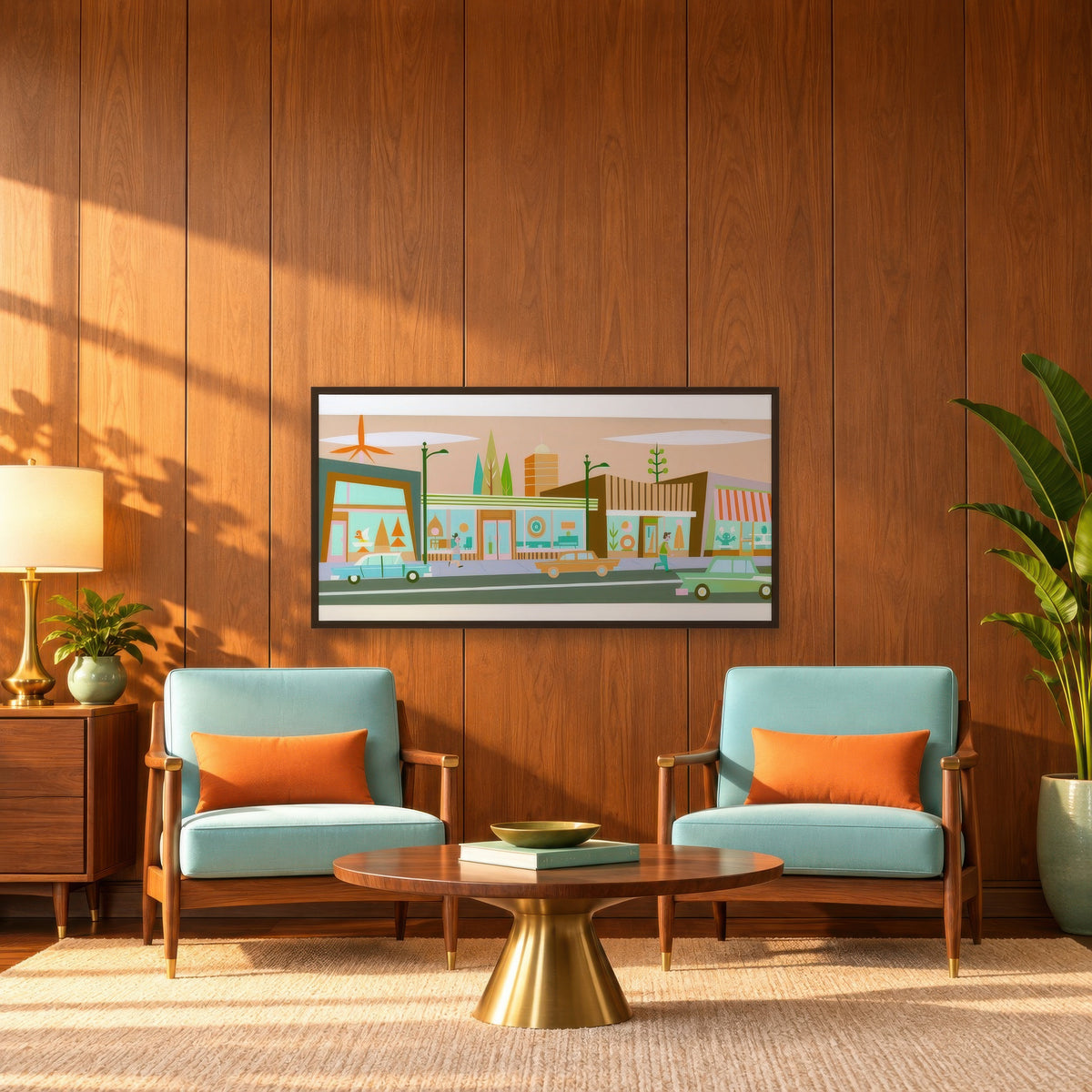 Retro Main Street in Warm Sand Tones mid-century modern wall art in a den