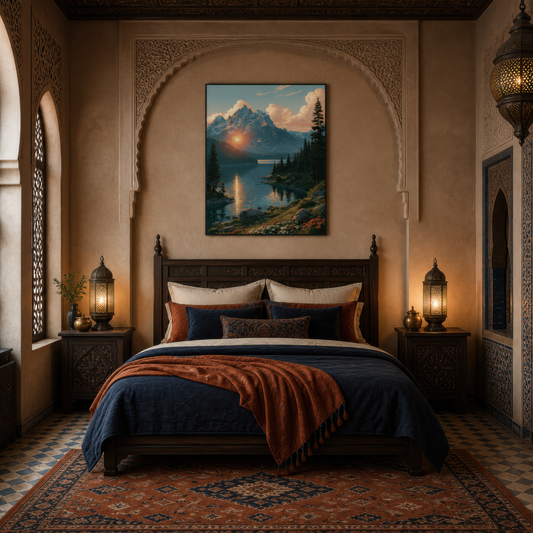 Mountain Lake at Sunset wall art print, alternate room view