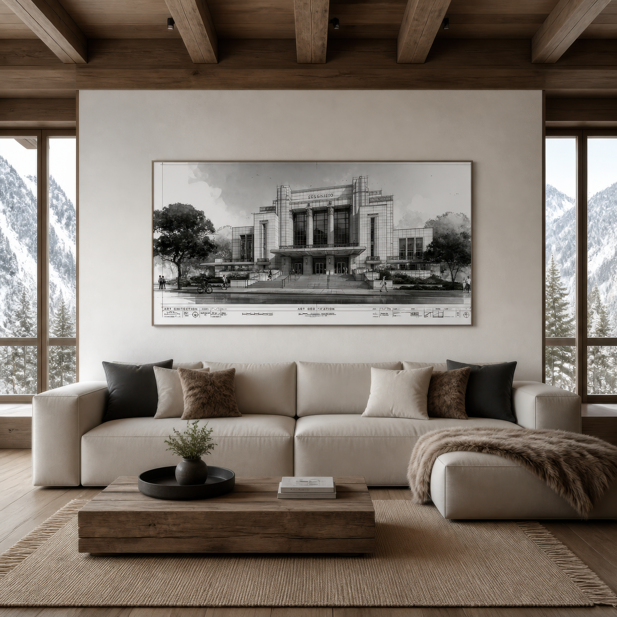 Deco facade blueprint above a cream modular sofa with a throw and mountain windows