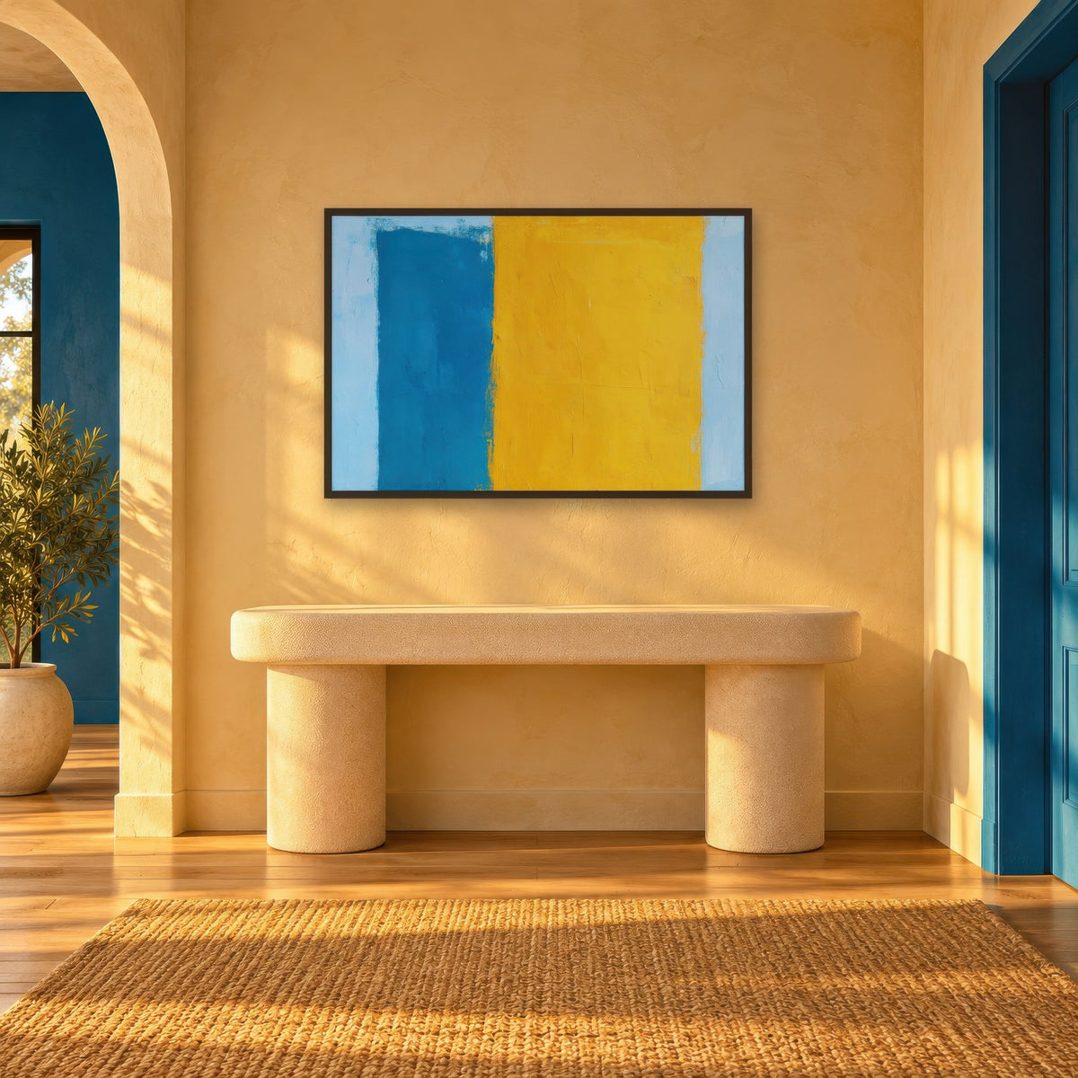 Blue and Yellow Color Block Abstract wall art in an entryway