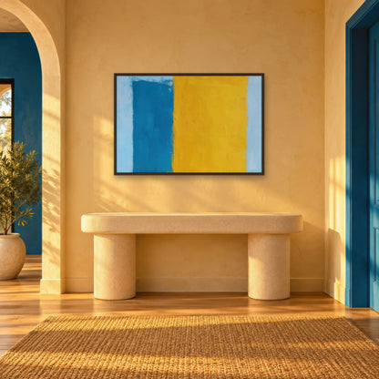Blue and Yellow Color Block Abstract wall art in an entryway