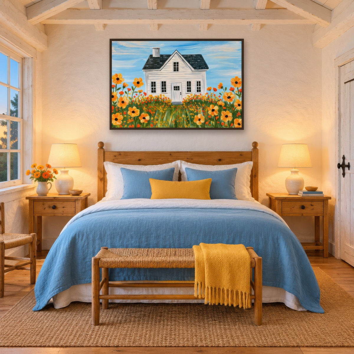 Golden Meadow Farmhouse cottagecore wall art in a bedroom