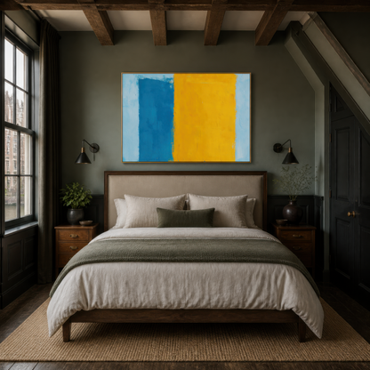 Large blue and yellow color block abstract artwork above a bed with gray linen in a dark green bedroom