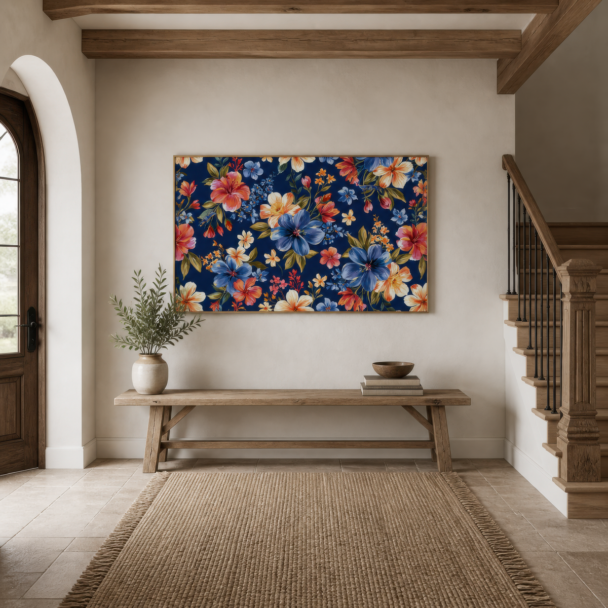 Bold Floral Pattern on Navy – Watercolor Floral Wall Art