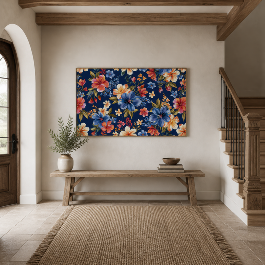 Bold Floral Pattern on Navy wall art print, alternate room view