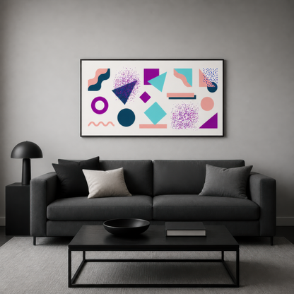 Wide purple and teal Memphis-style abstract artwork above a charcoal sofa on a gray wall