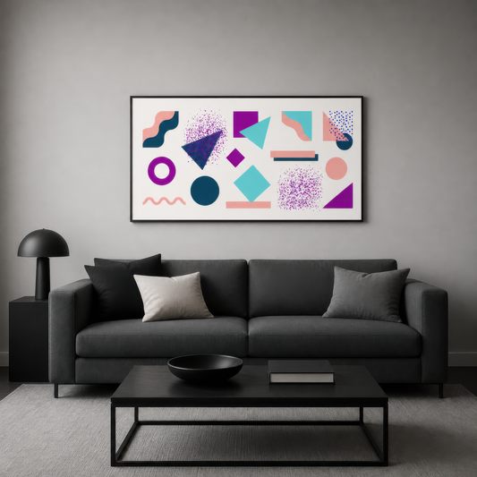 Wide purple and teal Memphis-style abstract artwork above a charcoal sofa on a gray wall