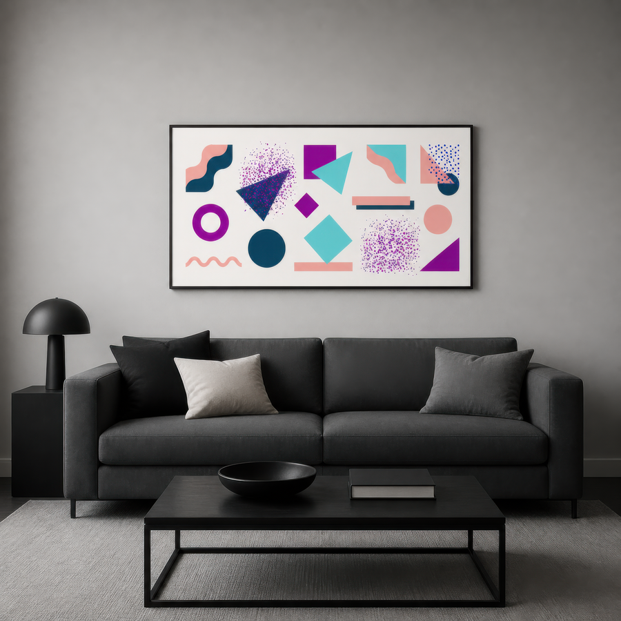 Memphis Style Geometric Abstract in Purple and Teal – Abstract Wall Art