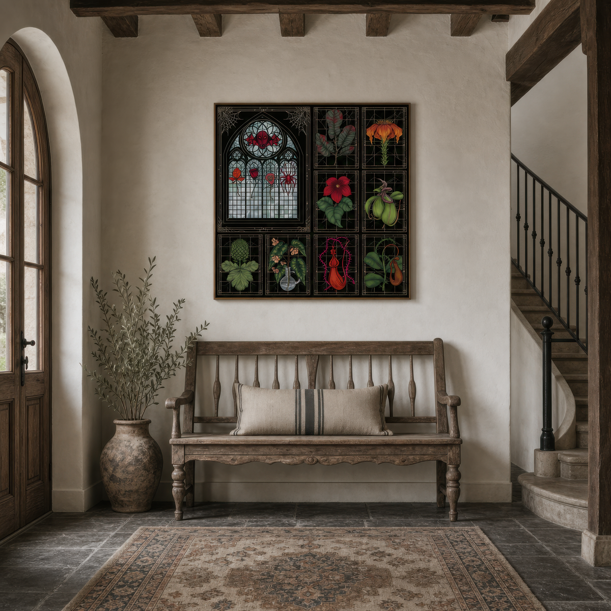 Gothic Botanical Window Panel Grid wall art print, alternate room view